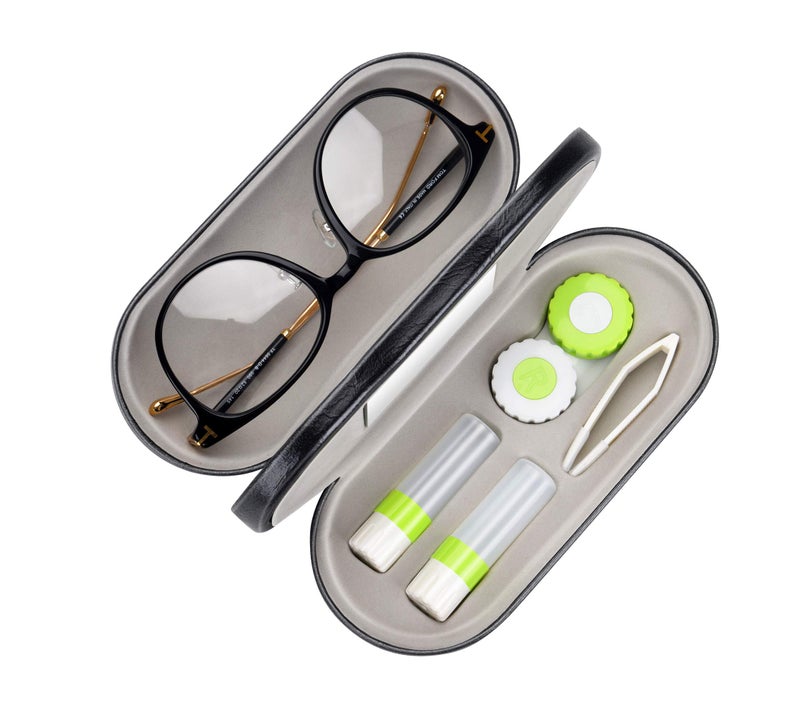 Muf Muf 2 in 1 Double Sided Portable Contact Lens Case and Eyeglasses CaseDual Use Design with Builtin MirrorTweezer and Contact Lens Solution Bottle Included for Travel KitBlack 