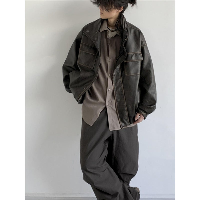 Japanese Retro Melard Distressed Motorcycle Leather Jacket For Men And Women American Loose Casual Pu Leather Jacket Trendy - Image 3