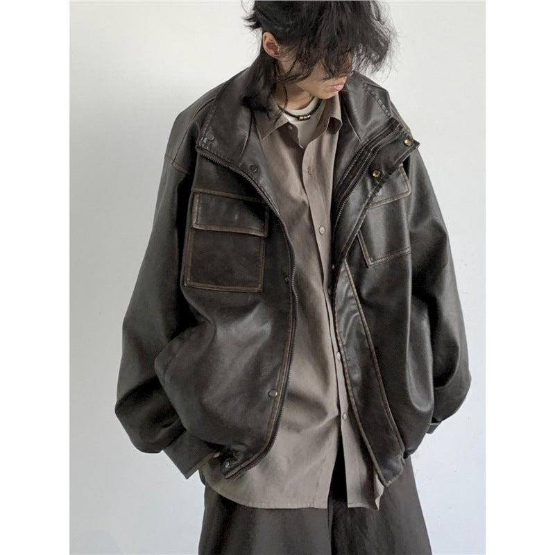 Japanese Retro Melard Distressed Motorcycle Leather Jacket For Men And Women American Loose Casual Pu Leather Jacket Trendy - Image 2
