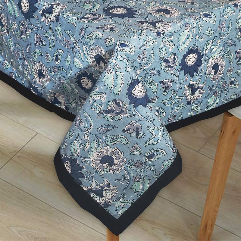 INDHOME LIFE Cotton Rectangular Pack of 1 Blue Floral 4 Seater Center Table Cloth Cover 40 x 60 Inches