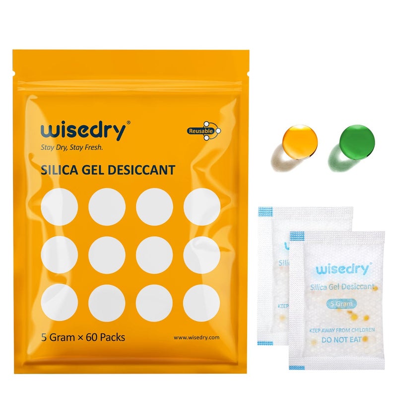 wisedry 5 Gram 60 Packs Food Grade Silica Gel Packs Rechargeable Desiccant Dehumidifiers Pouches with ColorIndicating Beads Reusable Moisture Absorbers for Food Storage