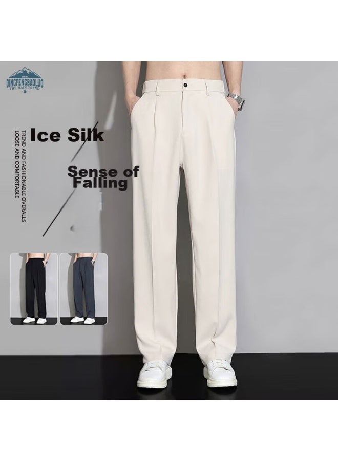 Dingfengbaoluo Casual Pants, Spring And Autumn Men's Loose Ice Silk Straight-leg Trousers, Flowing Wide-leg Long Pants, 818 Khaki, Size M - Image 1