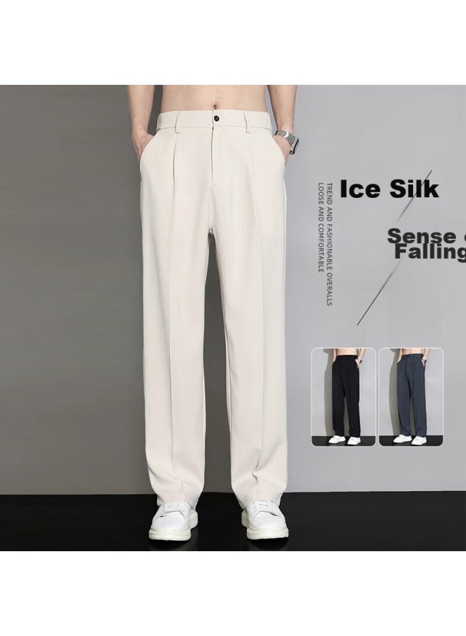 Dingfengbaoluo Casual Pants, Spring And Autumn Men's Loose Ice Silk Straight-leg Trousers, Flowing Wide-leg Long Pants, 818 Khaki, Size M - Image 2