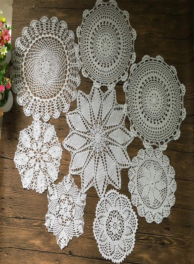 MINDPLUS Set of 8 Hand Crochet Doilies Cotton Crocheted Lace Doilies 9-16 Inches Round White Vintage Wedding Decor - Image 1