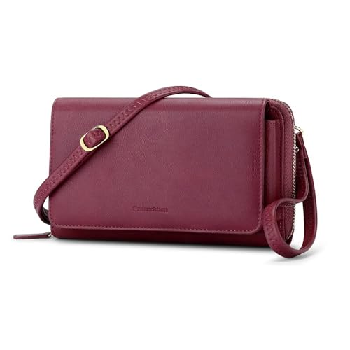 Peacocktion RFID Wristlet Womens Wallet, Leather Travel Crossbody Bags for Women, Clutch Purses with Phone Pocket Zipper Burgundy Red - Image 1
