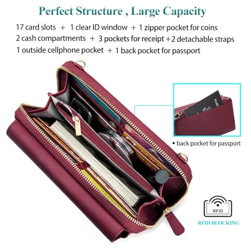 Peacocktion RFID Wristlet Womens Wallet, Leather Travel Crossbody Bags for Women, Clutch Purses with Phone Pocket Zipper Burgundy Red - Image 4