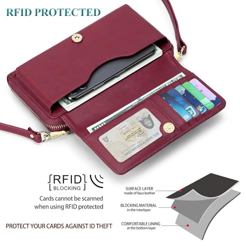 Peacocktion RFID Wristlet Womens Wallet, Leather Travel Crossbody Bags for Women, Clutch Purses with Phone Pocket Zipper Burgundy Red - Image 5