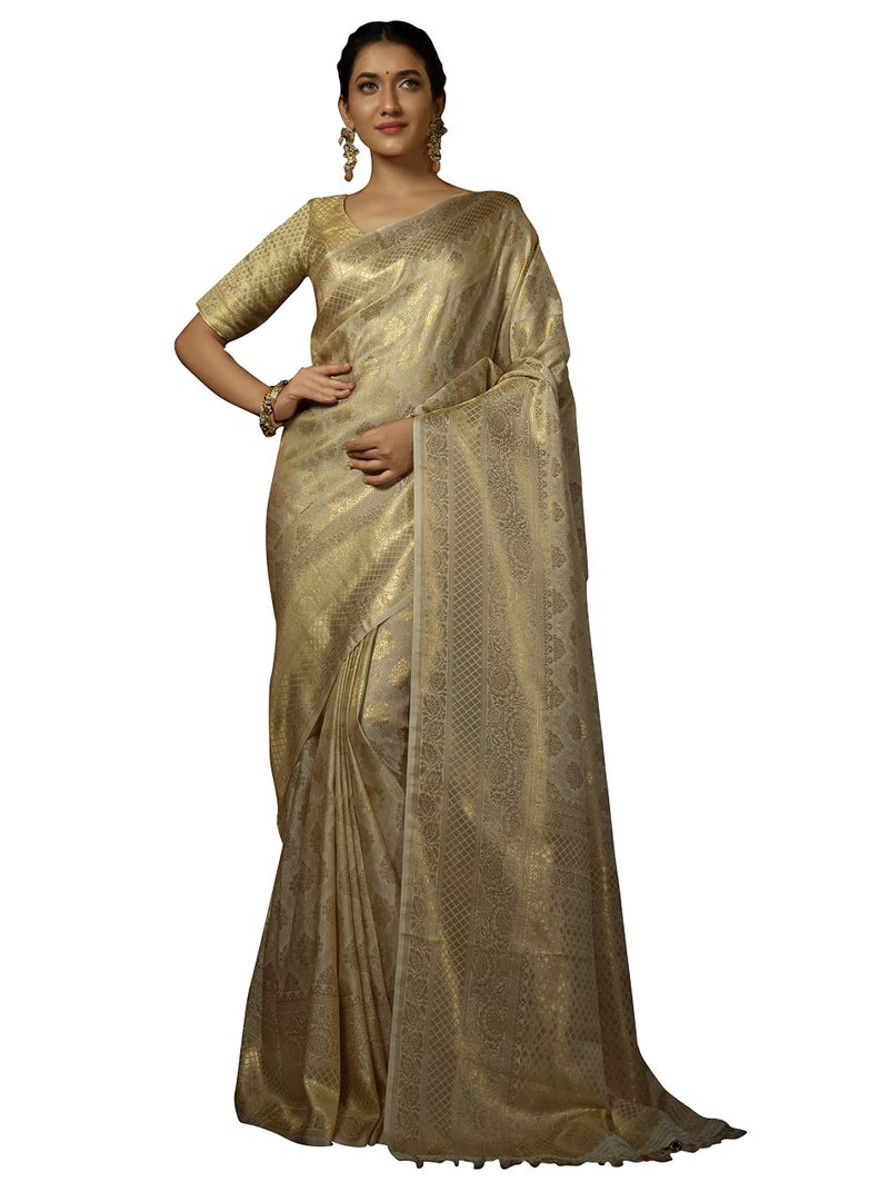 Vardha Women's Kanjivaram Art Silk Saree, Zari Woven, Copper, Unstitched Blouse - Off-White Sari Asya Silk, 390 - Image 1