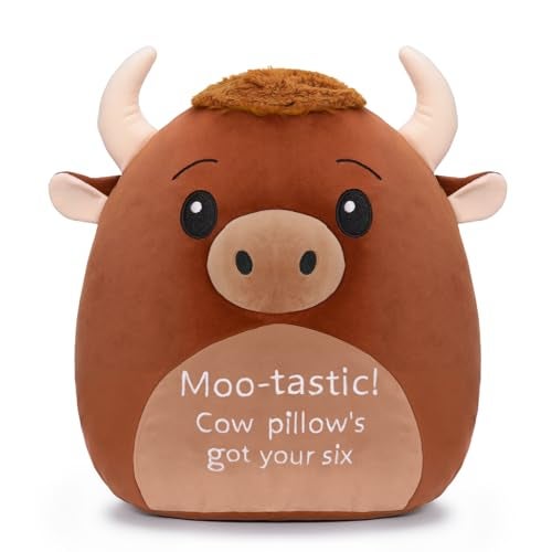 AGIFTMIND 12 inch Cute Highland Cow Stuffed Animals Soft Cow Plush Pillow with Motivational Message for Adults Birthday Decorations Brown - Image 1