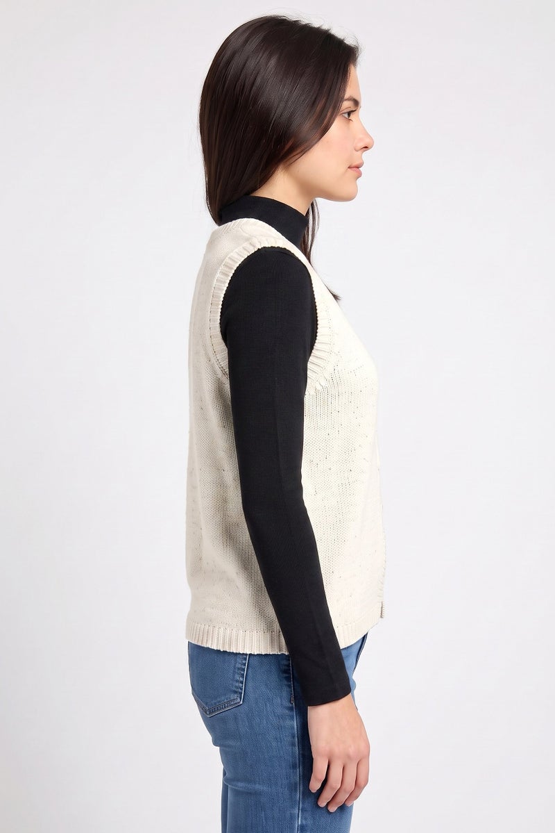 Threadbare Women V-Neck Sleeveless Textured Cardigan, Off White - Image 3