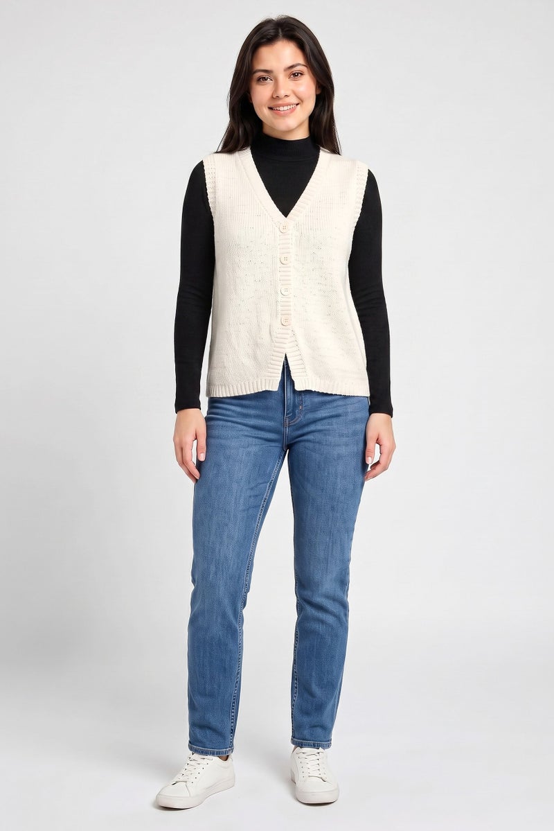 Threadbare Women V-Neck Sleeveless Textured Cardigan, Off White - Image 2