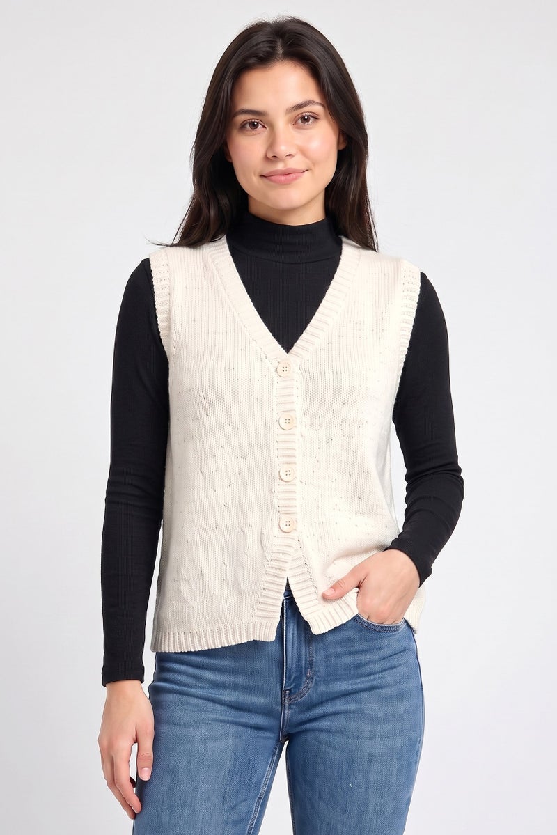 Threadbare Women V-Neck Sleeveless Textured Cardigan, Off White - Image 1