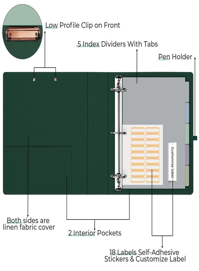 EYROZILL 3 Ring Binder 2 Inch, Binder for Letter Size (11" x 8.5") with 5 Tab Dividers, File Folder Labels and Low Profile Clipboards, Blackish Green - Image 2