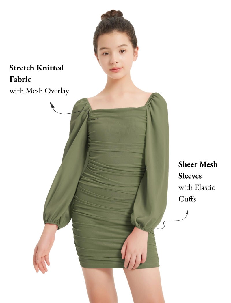 EXARUS Girls Formal Teen Dress Winter Formal Party School Dance Tight Long Sleeve Cute Bodycon Ruched Mesh Short Dresses Army Green 12 Years - Image 4