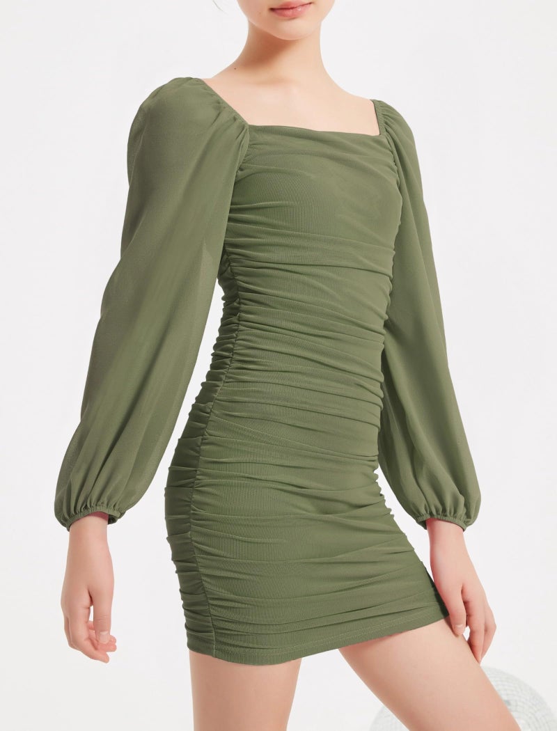 EXARUS Girls Formal Teen Dress Winter Formal Party School Dance Tight Long Sleeve Cute Bodycon Ruched Mesh Short Dresses Army Green 12 Years - Image 2