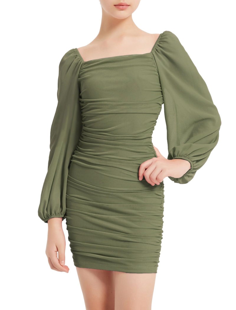 EXARUS Girls Formal Teen Dress Winter Formal Party School Dance Tight Long Sleeve Cute Bodycon Ruched Mesh Short Dresses Army Green 12 Years - Image 1