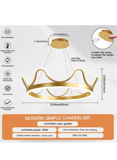 YATAI LIGHTING LED Pendant Light Golden Crown Round Pendant Light Bedroom Dining Room Lighting Adjustable Living Room Children Hanging Lamp Iron Art Acrylic 3 Colors Dimming Light,64W  - Image 4