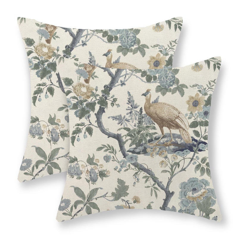 GOLIANDA Chinoiserie Pillow Covers 18x18 Set of 2 Blue Bird Floral Throw Pillows Vintage Blue Green Flowers Decorations Outdoor Pillowcase Chinoiserie Decor Farmhouse Cushion Case for Couch Home - Image 2