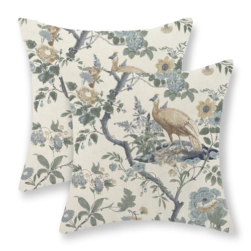 GOLIANDA Chinoiserie Pillow Covers 18x18 Set of 2 Blue Bird Floral Throw Pillows Vintage Blue Green Flowers Decorations Outdoor Pillowcase Chinoiserie Decor Farmhouse Cushion Case for Couch Home - Image 1