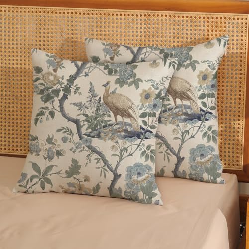 GOLIANDA Chinoiserie Pillow Covers 18x18 Set of 2 Blue Bird Floral Throw Pillows Vintage Blue Green Flowers Decorations Outdoor Pillowcase Chinoiserie Decor Farmhouse Cushion Case for Couch Home - Image 3