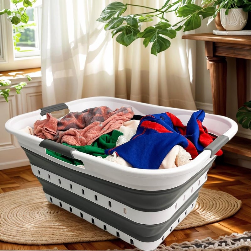 SAMMART 42L 11 gallon Collapsible Plastic Laundry Basket  Foldable Pop Up Storage ContainerOrganizer  Space Saving HamperBasket 1 WhiteSteel Gray