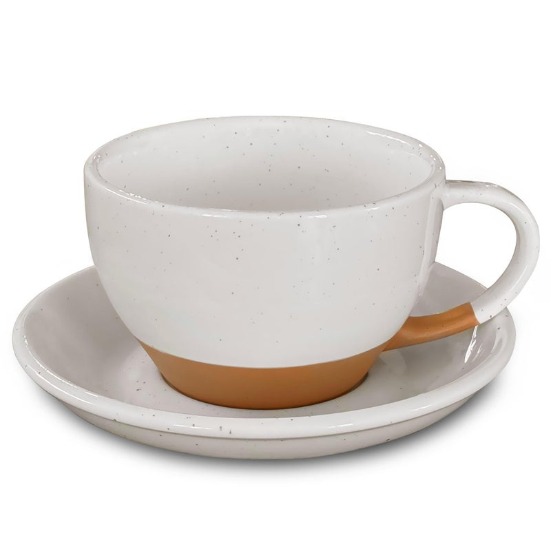 MORA Ceramic Latte Art Mug With Saucer - 10.5 oz, Round Bottom For Perfect Pours - Cafe Cups for Cappuccino, Espresso, Coffee, Tea etc - Porcelain Set for Baristas, Great Gift - Vanilla White - Image 1