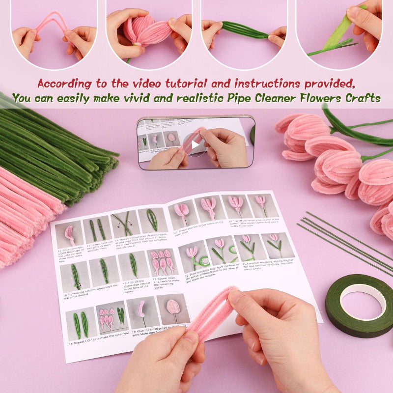 UzecPk 260Pcs Pipe Cleaner Flower Kit Pink Pipe Cleaners Craft Pipe Cleaners Bulk with Floral Wire Instructions for Valentine's Day DIY Art and Craft Projects Creative - Image 4
