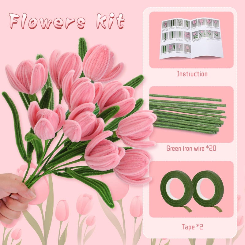 UzecPk 260Pcs Pipe Cleaner Flower Kit Pink Pipe Cleaners Craft Pipe Cleaners Bulk with Floral Wire Instructions for Valentine's Day DIY Art and Craft Projects Creative - Image 2
