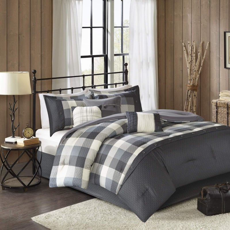 madison park Madison Park Ridge Comforter Set  Cabin Lodge Plaid Herringbone Design All Season Down Alternative Cozy Bedding with Matching Bedskirt Shams Decorative Pillow Grey King104x92 7 Piece 