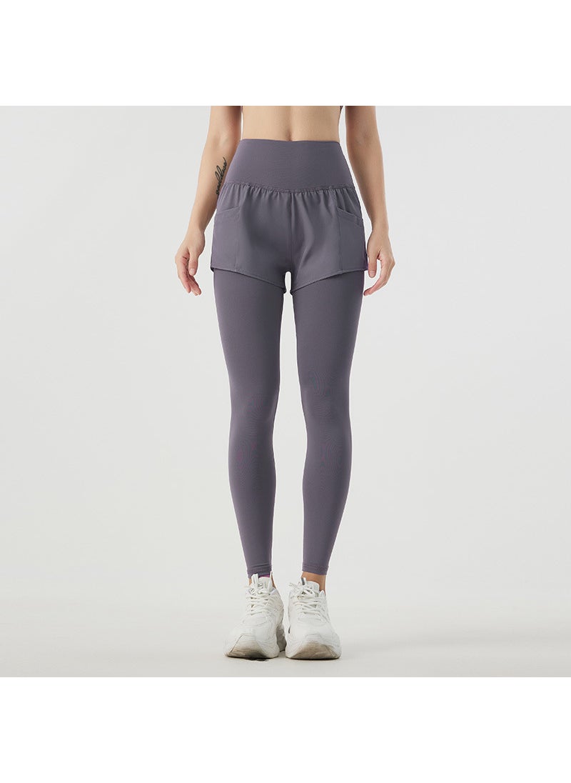 Generic - High-waisted Illusion Running Pants Two-piece Set Women Sporty Yoga Trousers Quick-drying Fitness Training Anti-embarrassment Taupe - Image 1