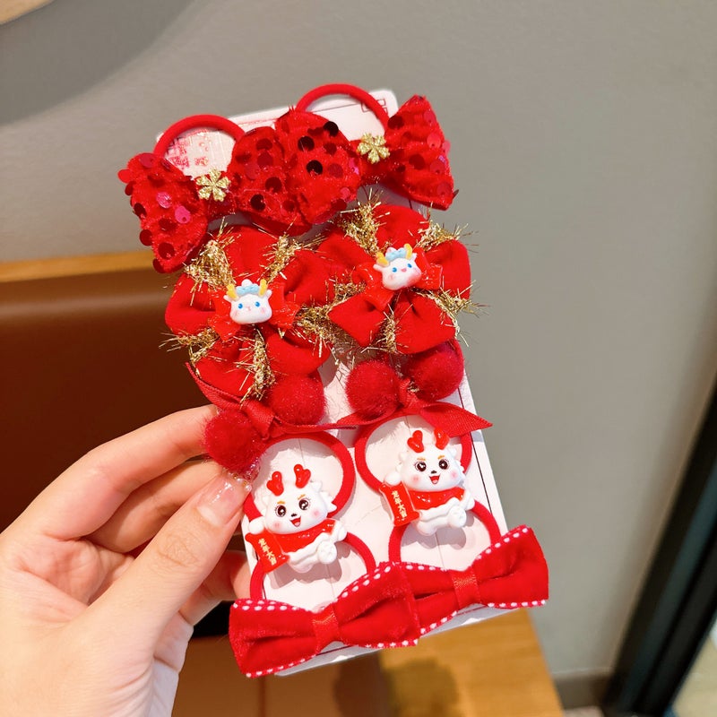 Generic New Year Headwear Childrens Rubber Band Girls Do Not Hit Hair High Elastic Rubber Band Hair Accessories Girls Happy New Year Tie Rope 3# red baby dragon rubber band 10 piece set (opp bag)