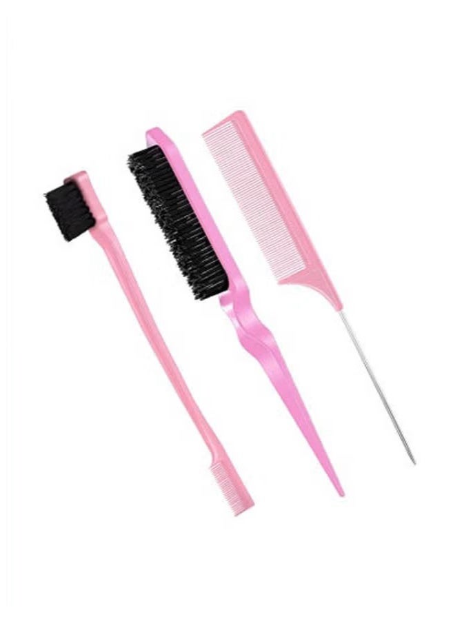 Hikma Beauty 3-Piece Slick Back Hair Brush Set Hair Brush Edge Control Brush Teasing Comb Rat Tail Comb for Women Baby Kids' Hair (Pink) - Image 1