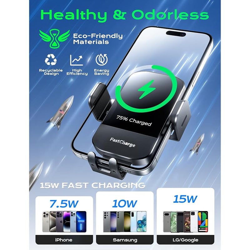 CHGeek Wireless Car Charger, 15W Fast Charging Auto Clamping Car Charger Phone Mount Phone Holder fit for iPhone 14 13 12 11 Pro Max Xs, Samsung Galaxy S23 Ultra S22 S21 S20, S10+ S9+ Note 9, etc - Image 2
