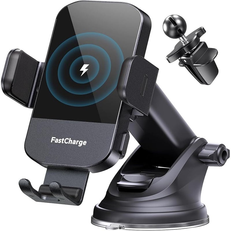 CHGeek Wireless Car Charger, 15W Fast Charging Auto Clamping Car Charger Phone Mount Phone Holder fit for iPhone 14 13 12 11 Pro Max Xs, Samsung Galaxy S23 Ultra S22 S21 S20, S10+ S9+ Note 9, etc - Image 1