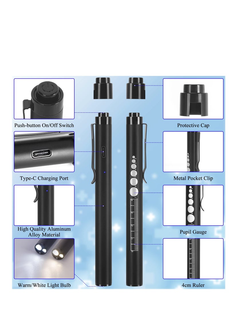 Rechargeable Pen Light with Pupil Gauge LED Penlights for Nurses Doctors, Warm/White Light, USB Rechargeable Medical Penlight Gifts for Nurses Nursing Student (Black) - Image 2