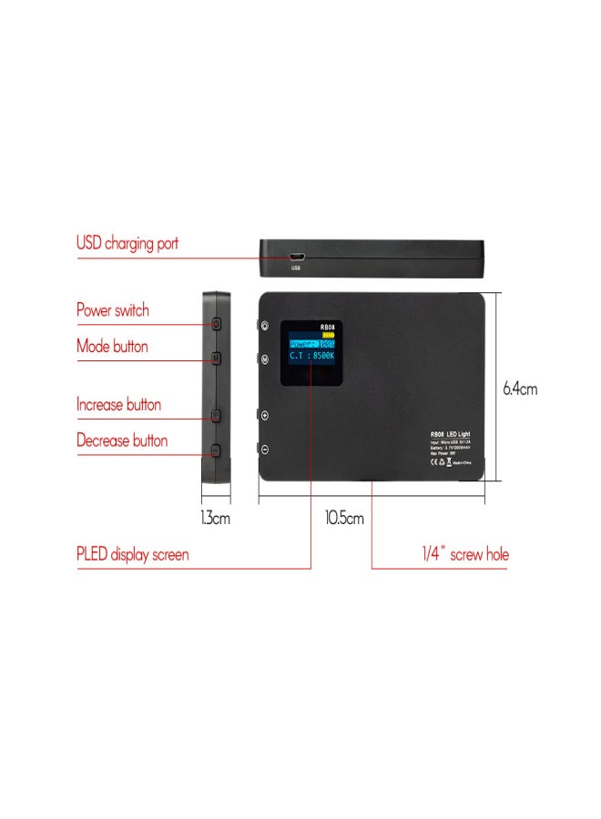 فيلتروكس مصباح فيديو LED محمول Viltrox RB08، مزود بـ 24 حبة إضاءة، سطوع قابل للتعديل من 2500 كلفن إلى 8500 كلفن، مؤشر تجسيد اللون 95+، مع شاشة عرض، موزع ضوء، كابل شحن USB، محول قاعدة ساخنة، مناسب لتصوير الاستوديو، تصوير البورتريه، تصوير الحياة اليومية، وتسجيل الفيديو. - Image 3