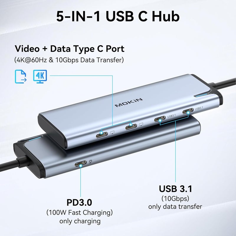 Mokin USB C to USB C Hub Dual Monitor, USBC Splitter with 4K@60Hz DP Alt Mode Video Output, 10Gbps Data Transfer, 100W PD Charging, Dual Monitor Adapter for Laptop, Portable Monitor and More Type C Devices - Image 2