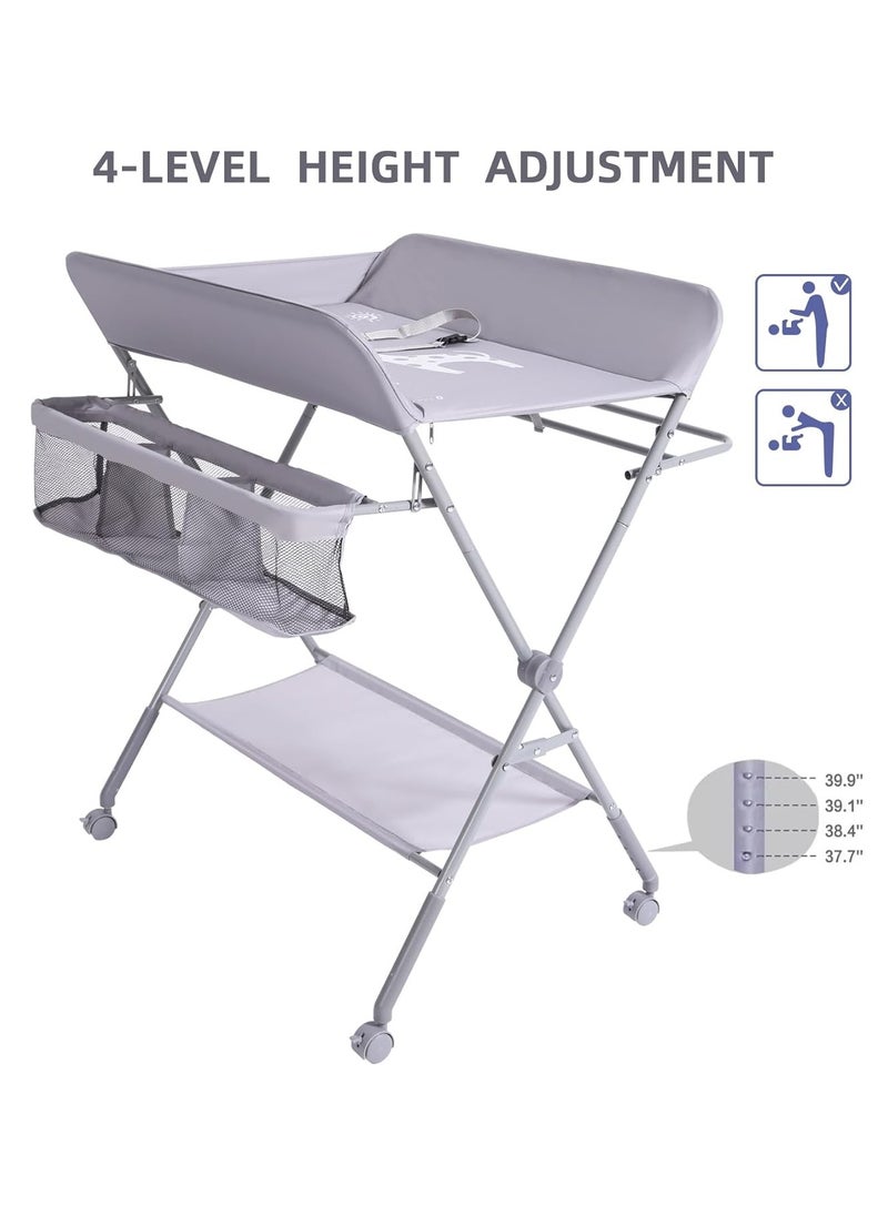 Gogoya - Portable Foldable Baby Diaper Changing Table With Wheels, Mobile Nursery Organizer For Newborn Essentials,Grey - Image 1