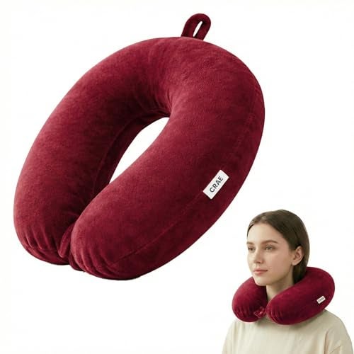 CRAE Travel Neck Pillow for Men & Women | Soft Fibre Cushion for Flight, Car & Train | Soft Velvet Fabric with Attachable Snap Strap | Cervical Support for Neck Pain Relief.Pack of 1(Maroon) - Image 1