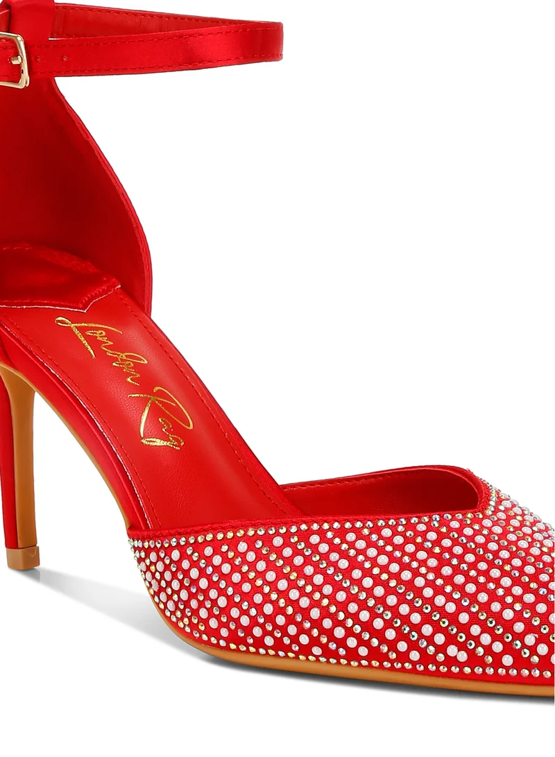 London Rag Pearls & Sequins Embellished Stiletto Sandals in Red