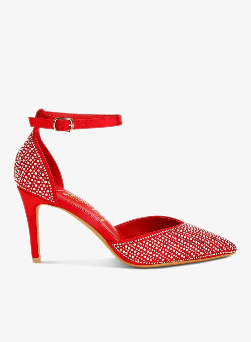 Pearls & Sequins Embellished Stiletto Sandals in Red