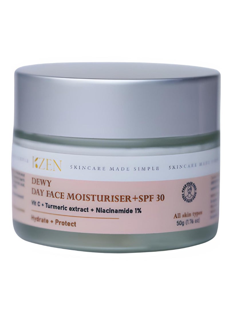 KZEN - Dewy Day Face Moisturiser with SPF 30 | with Niacinamide 1%, Vitamin C, Vitamin E, Turmeric Extract and Green tea | Hydrates, Protects, Brightens and Rejuvenates Skin | for All Skin Type - 50 Gm - Image 1