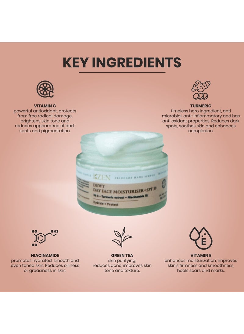 KZEN - Dewy Day Face Moisturiser with SPF 30 | with Niacinamide 1%, Vitamin C, Vitamin E, Turmeric Extract and Green tea | Hydrates, Protects, Brightens and Rejuvenates Skin | for All Skin Type - 50 Gm - Image 1