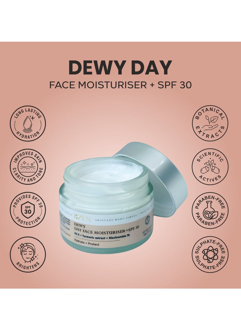 KZEN - Dewy Day Face Moisturiser with SPF 30 | with Niacinamide 1%, Vitamin C, Vitamin E, Turmeric Extract and Green tea | Hydrates, Protects, Brightens and Rejuvenates Skin | for All Skin Type - 50 Gm - Image 1