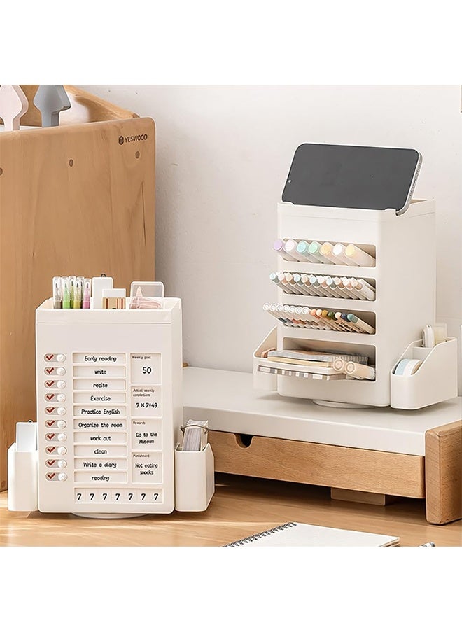 JCB CHIC حامل أقلام دوار مع لوحة مهام قائمة مراجعة، منظم أقلام متعدد الوظائف قابل للدوران 360 درجة، منظم مكتبي كبير السعة  صندوق تخزين لوازم الفنون للمكتب المنزلي - Image 1