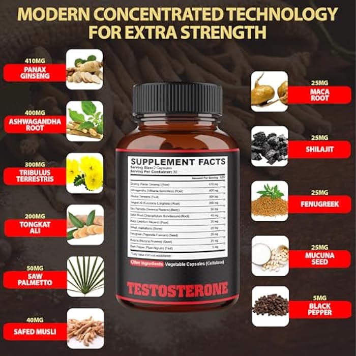 agobi Testosterone Supplement for Men - 11 Herbs - Ashwagandha, Tribulus, Ginseng & More - 60 Capsules for 1 Month - Image 2