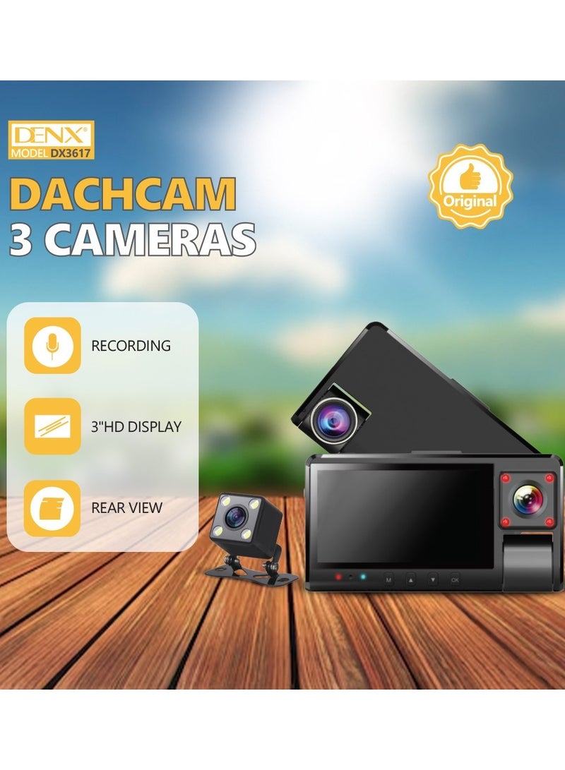 دينكس كاميرا لوحة القيادة ثلاثية القنوات، أمامية وخلفية وداخلية، كاميرات لوحة القيادة الكاملة للسيارات، واي فاي والتحكم بالتطبيق، رؤية ليلية، وضع ركن السيارة،تدعم 128 جيجابايت - Image 2