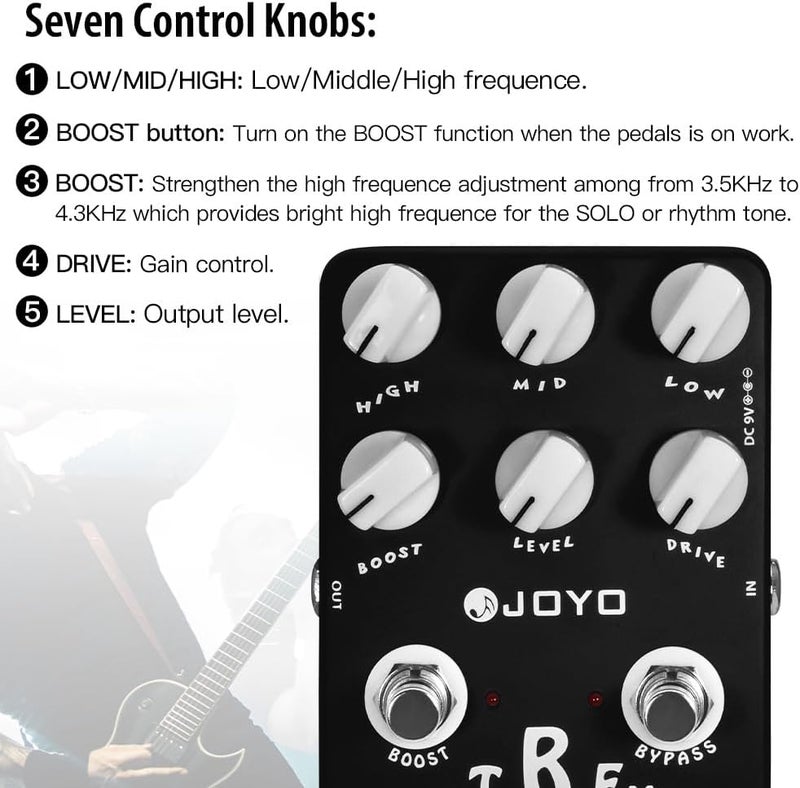 JOYO Metal Distortion Pedal with 3 Band EQ and Low-Mid-High Gain Boost for Electric Guitar Effect - Bypass (Extreme Metal JF-17) - Image 4