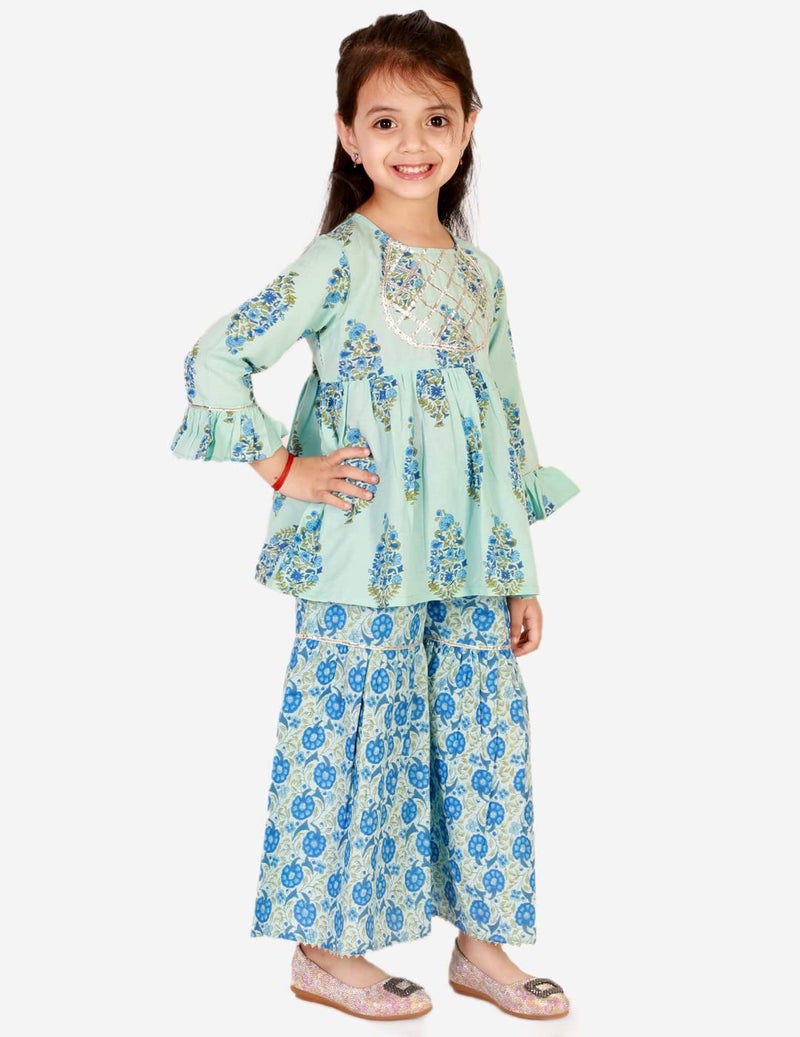 superminis Baby Girls Floral Printed Cotton Kurti Sharara Set (12-18 Months, Sky Blue) - Image 4