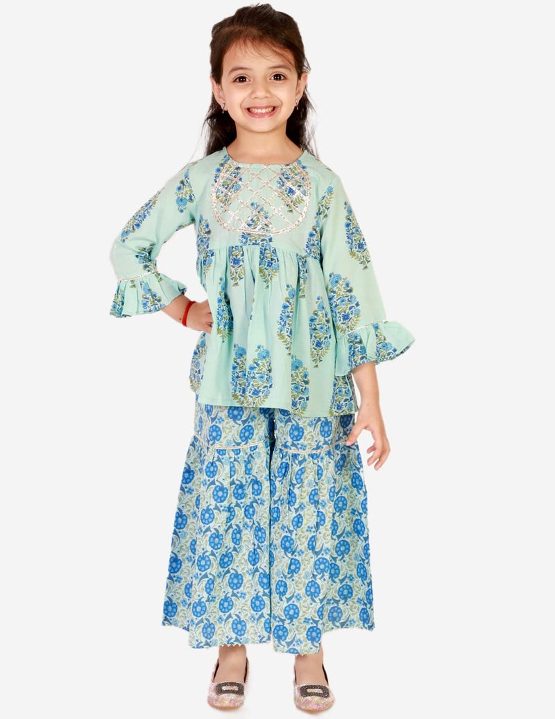 superminis Baby Girls Floral Printed Cotton Kurti Sharara Set (12-18 Months, Sky Blue) - Image 3